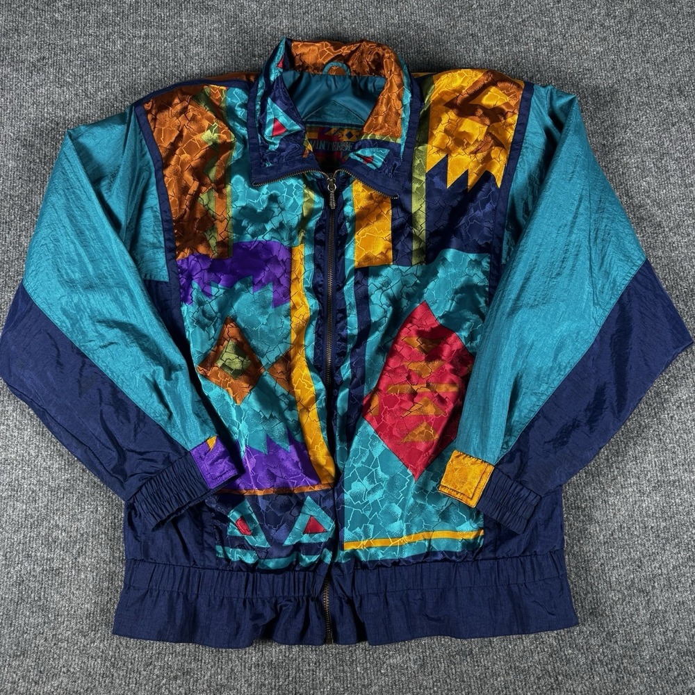 Vintage 90s Winterset Women's S Aztec Colorblock Geometric Windbreaker Jacket